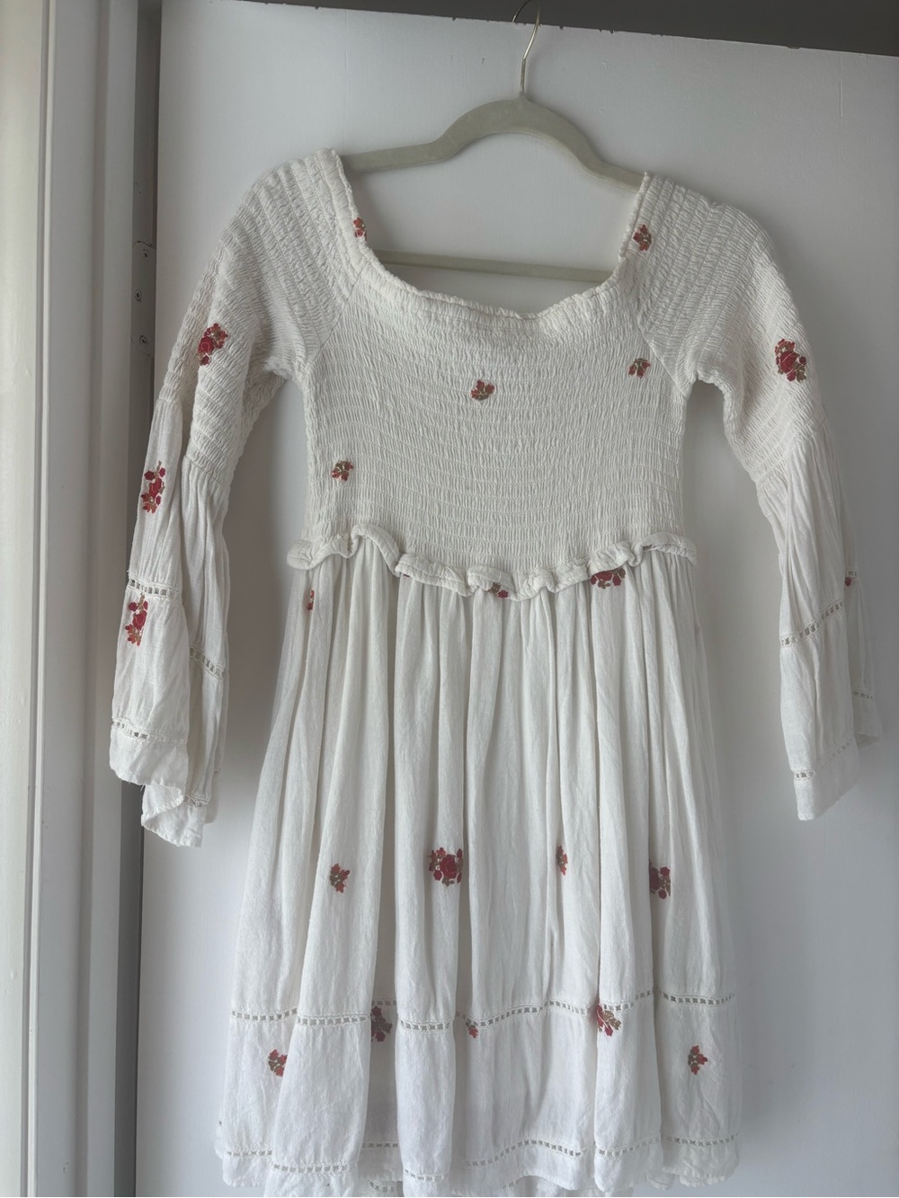 Free People White Long Sleeve Smocked Mini Dress with Red Floral Accents